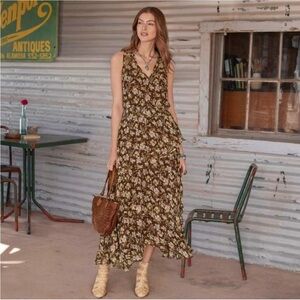 Sundance Floret Twirl Brown Coffee Floral Tiered Sleeveless Dress. Size Small
